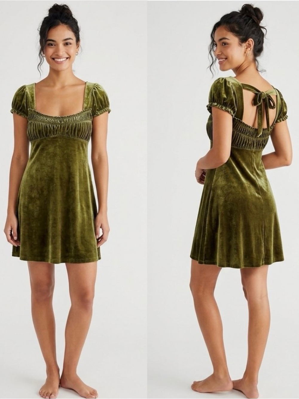 Free People Vintage Moss Green Velvet Empire Waist Dress Medium